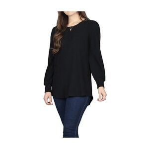 Lildy Ribbed Button Trim Tunic Round Neck Puff Sleeves High Low Hem Pullover S/M